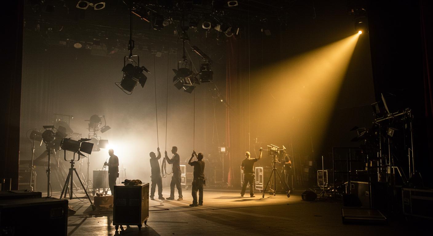 A stage crew rigging lights on poles in a smoky, lit theatre before a show