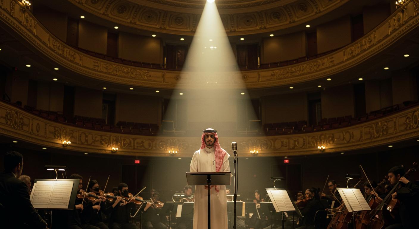 A speaker in a thobe at a podium, lit by a spotlight in a gilded opera house with an orchestra