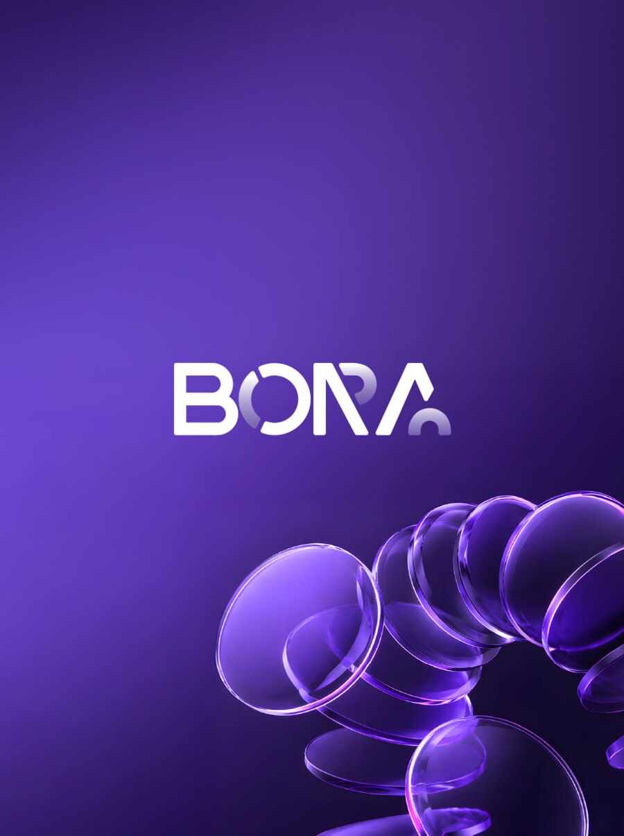 Bora key visual: the BORA wordmark on a deep purple gradient with floating glass discs